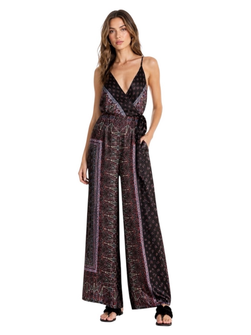 Free People Cabbage Rose Satin Jumpsuit Floral Surplice Wide Leg Size 6